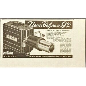 Vokar Model FP "Hi-Power 100 Watt Quality Projector" Vintage Print Ad 1941